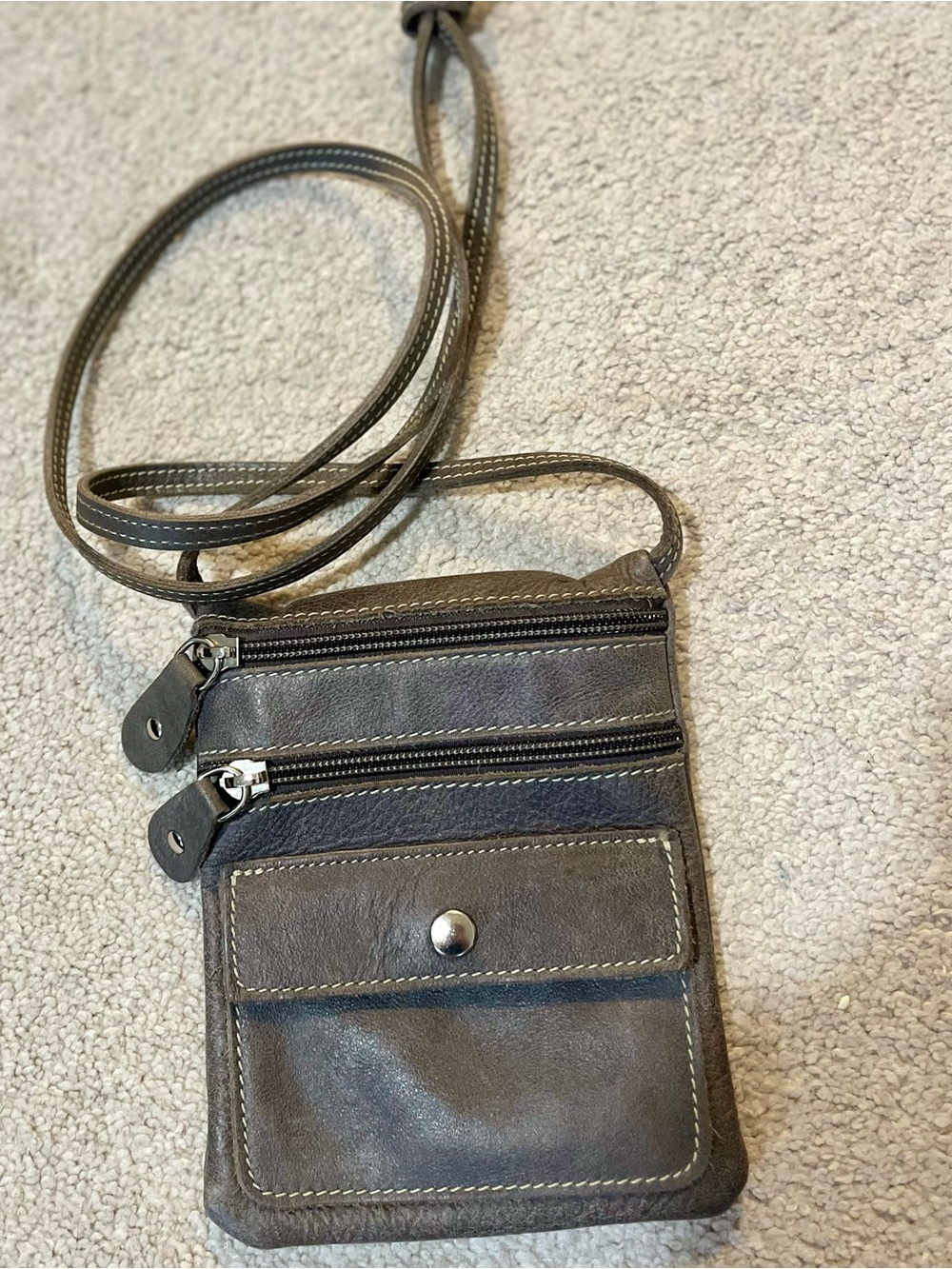 Roots Taupe Leather Mini Crossbody Bag